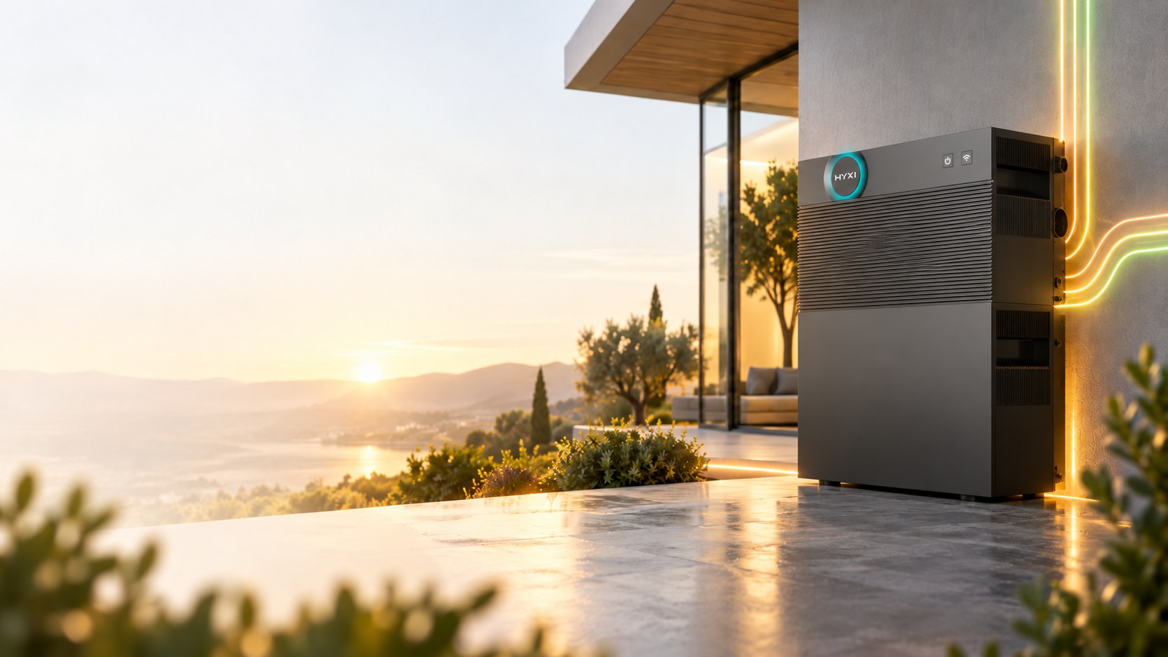 Bateria intel·ligent HYXI Halo a la terrassa d'un habitatge al capvespre