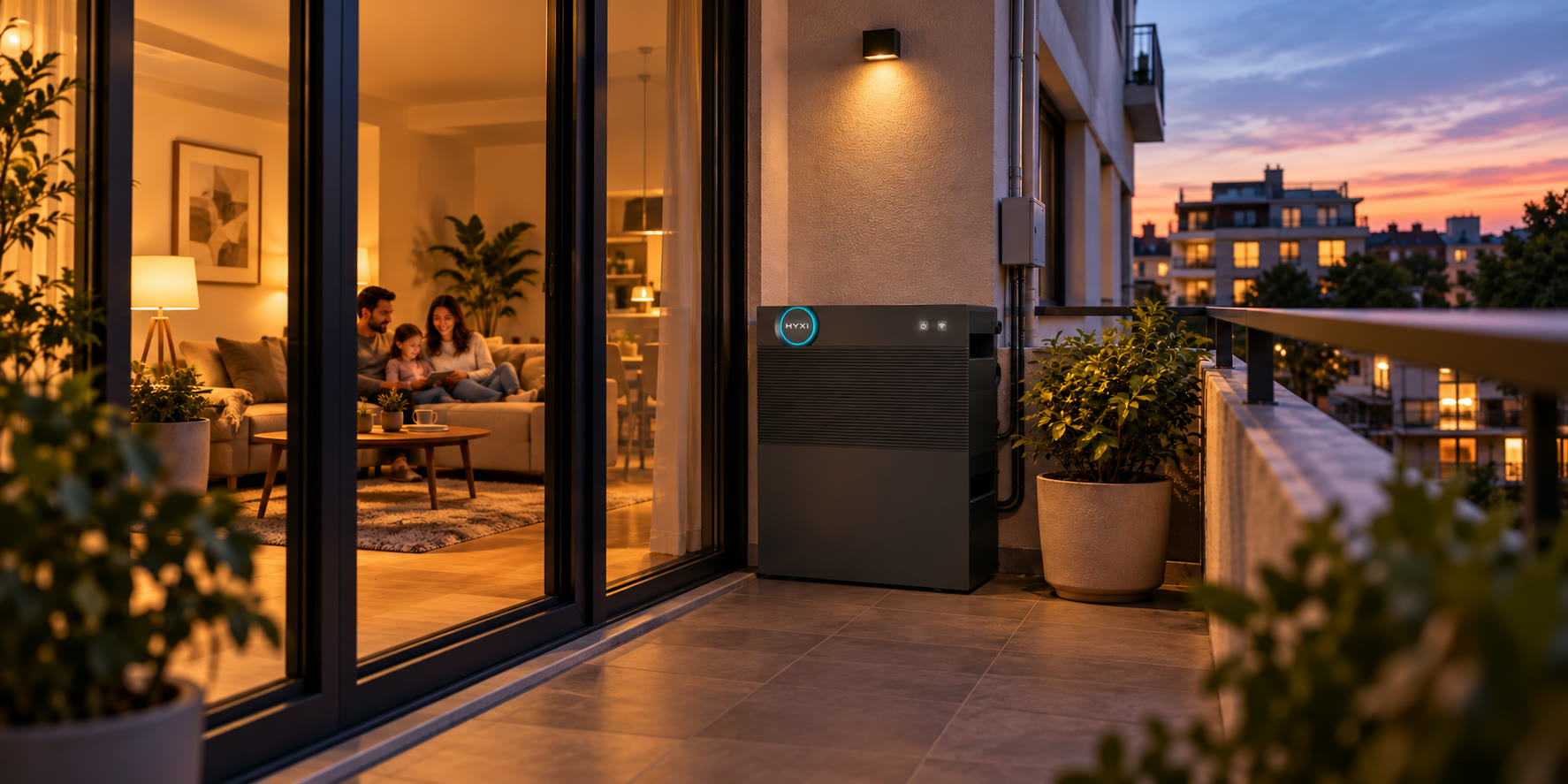 Bateria HYXI Halo instal·lada a la terrassa d'un habitatge al capvespre